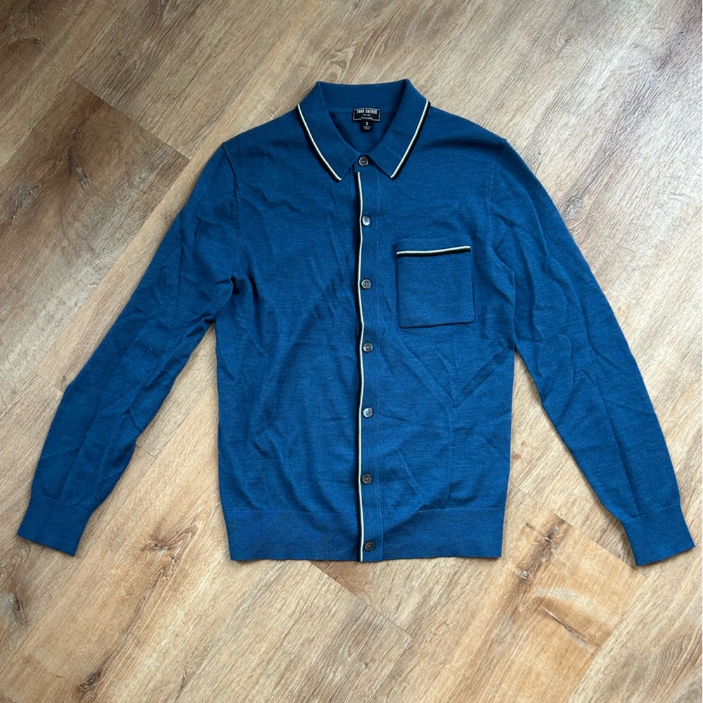 Todd Snyder Blue Button-Up Knit Cardigan with Contrast Trim